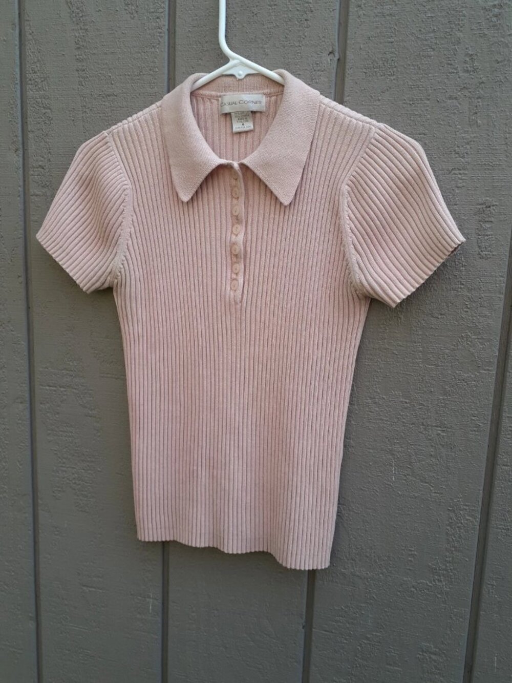 Vtg 90s Casual Corner Ribbed Button Top Pale Pink Stretchy Sexy Sweater Polo S/M - Picture 4 of 13